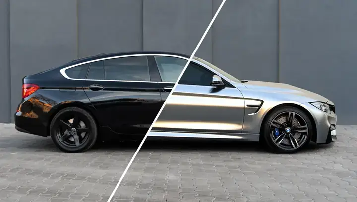 Metallic vinyl wrap before and after, heat-formed installation