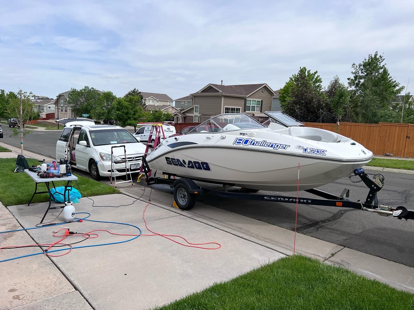 ST6 mobile detailing equipment set up beside a boat on trailer, Colorado Springs